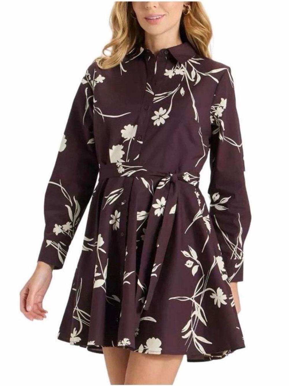 A New Day Floral Shirt Dress Women’s Large Brown Cream Belted Button Front